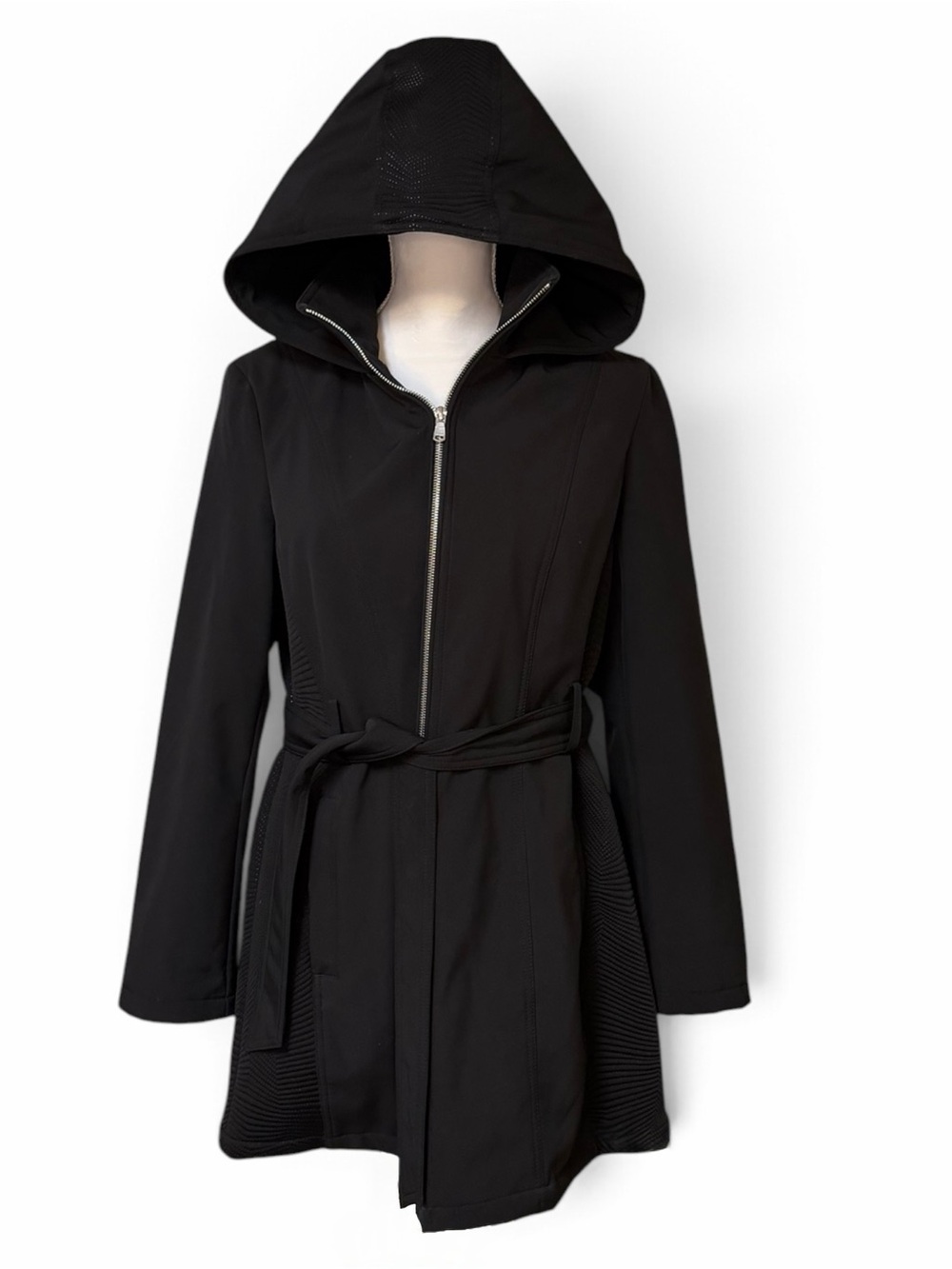 Liz Claiborne Black Hooded Belted Mid-weight Trench Coat Large